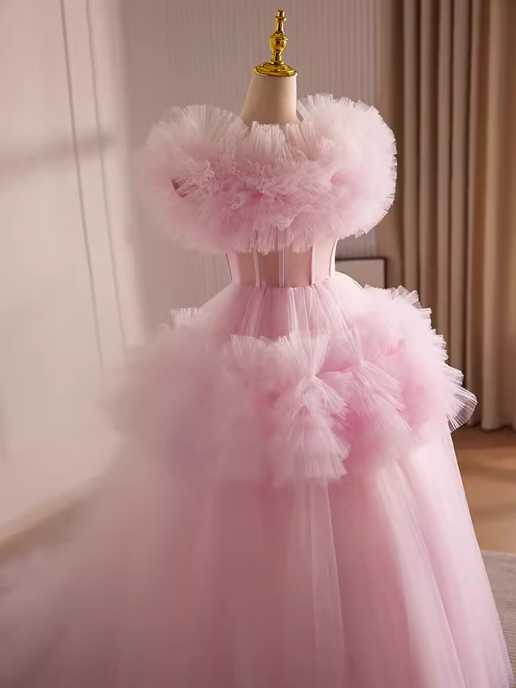 Vintage Ball Gown Short Sleeves Pink Tulle Sweet 16 Dresses
