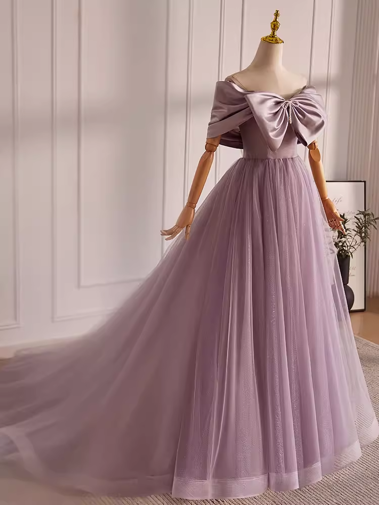 Modest A line Off The Shoulder Tulle Long Lilac Prom Dress