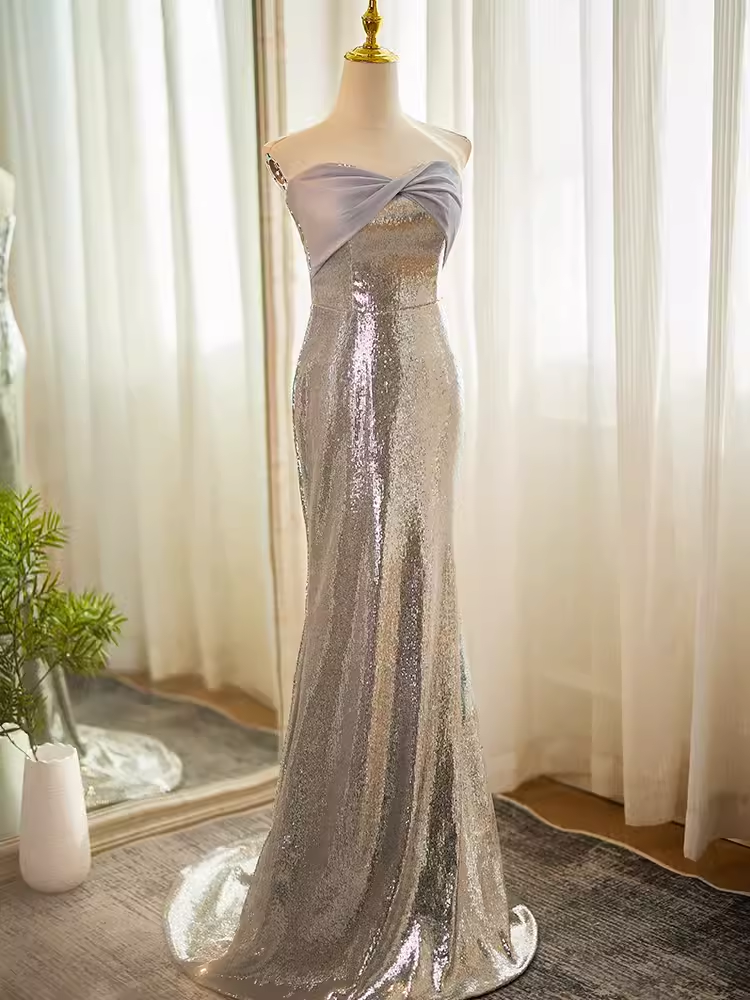Modest Mermaid Strapless Sequin Long Silver Prom Dress