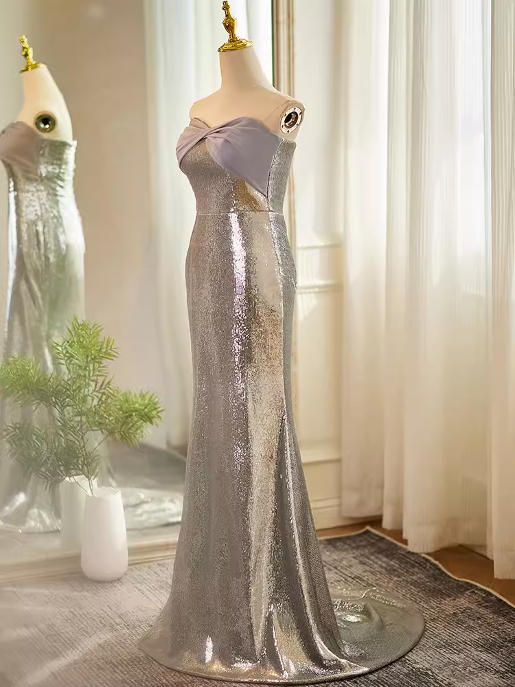 Modest Mermaid Strapless Sequin Long Silver Prom Dress