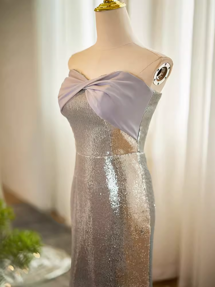 Modest Mermaid Strapless Sequin Long Silver Prom Dress