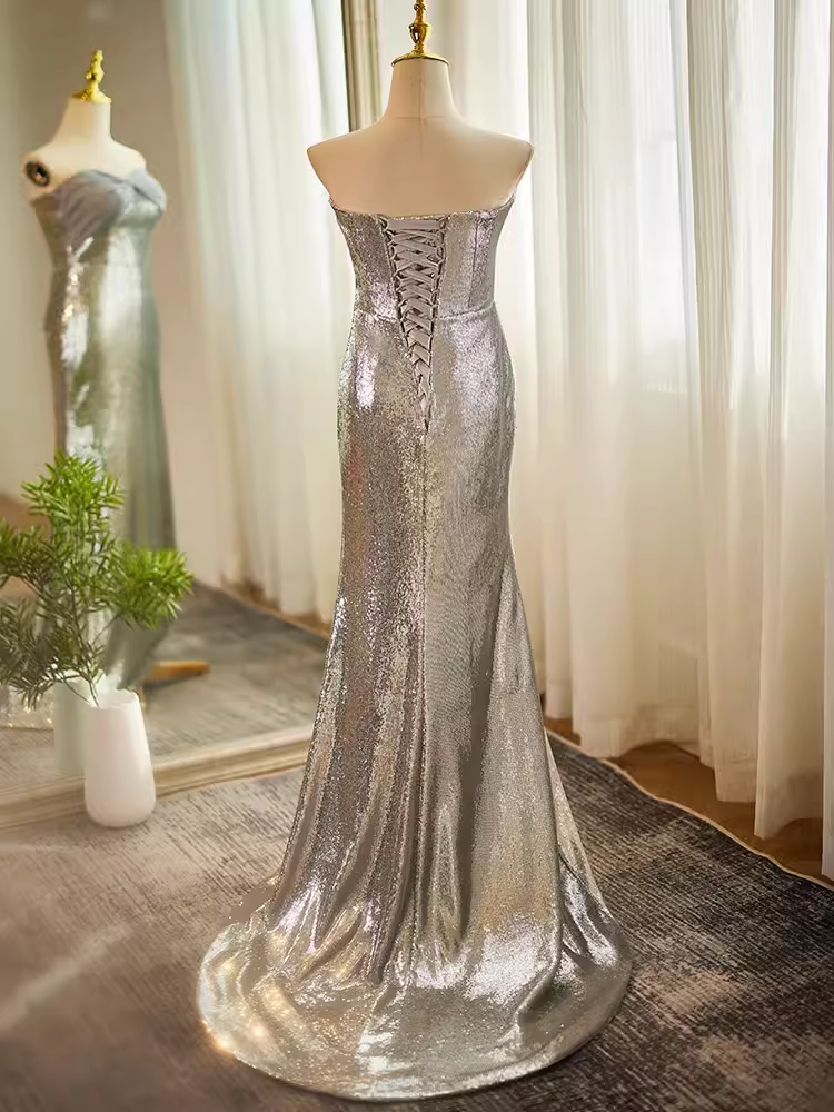 Modest Mermaid Strapless Sequin Long Silver Prom Dress