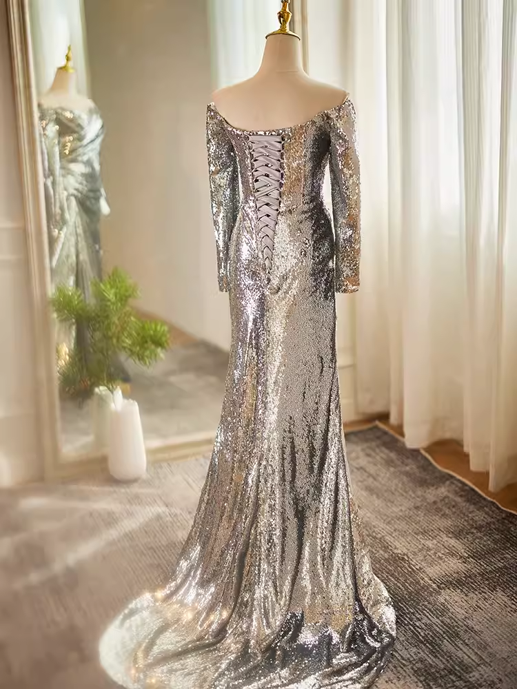 Modest Mermaid Off The Shoulder Sequin Long Silver Prom Dress