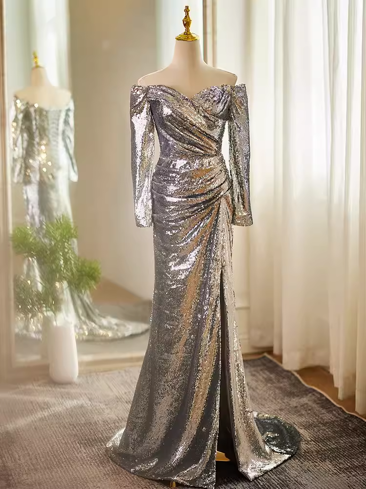 Modest Mermaid Off The Shoulder Sequin Long Silver Prom Dress