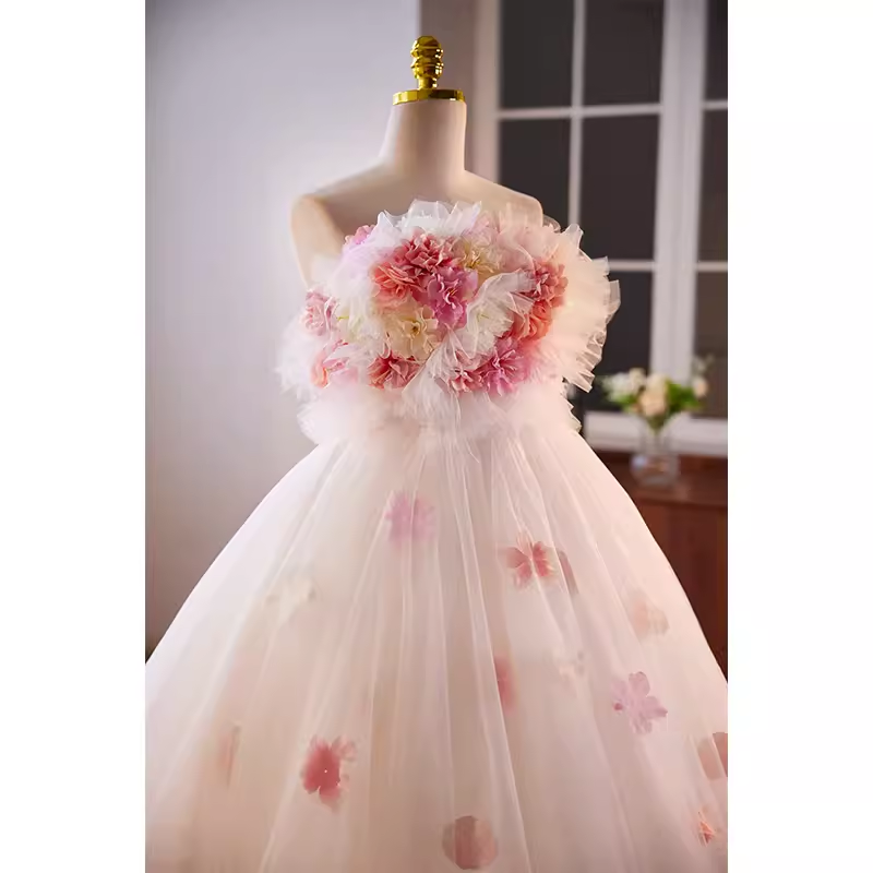 Vintage Ball Gown Strapless Pink Tulle Florwers Sweet 16 Dresses