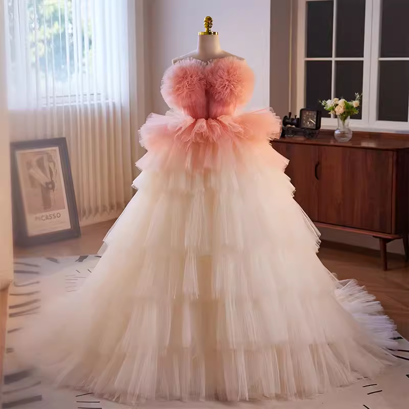 Vintage Ball Gown Strapless Ombre Pink Tulle Florwers Sweet 16 Dresses
