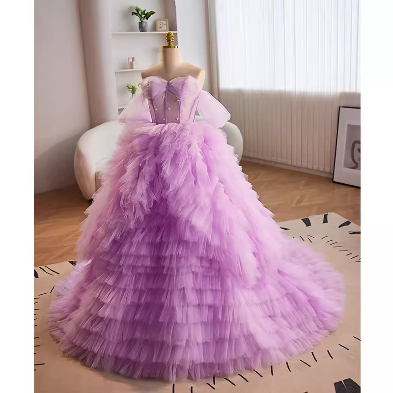 Vintage Ball Gown Strapless Lilac Tulle Ruffles Sweet 16 Dresses