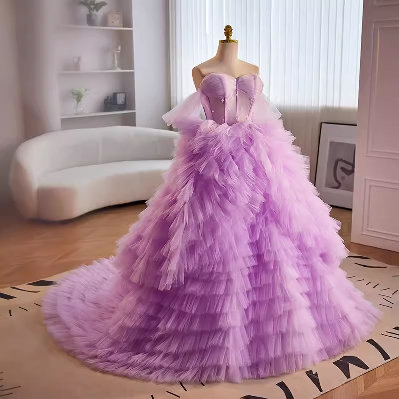Vintage Ball Gown Strapless Lilac Tulle Ruffles Sweet 16 Dresses