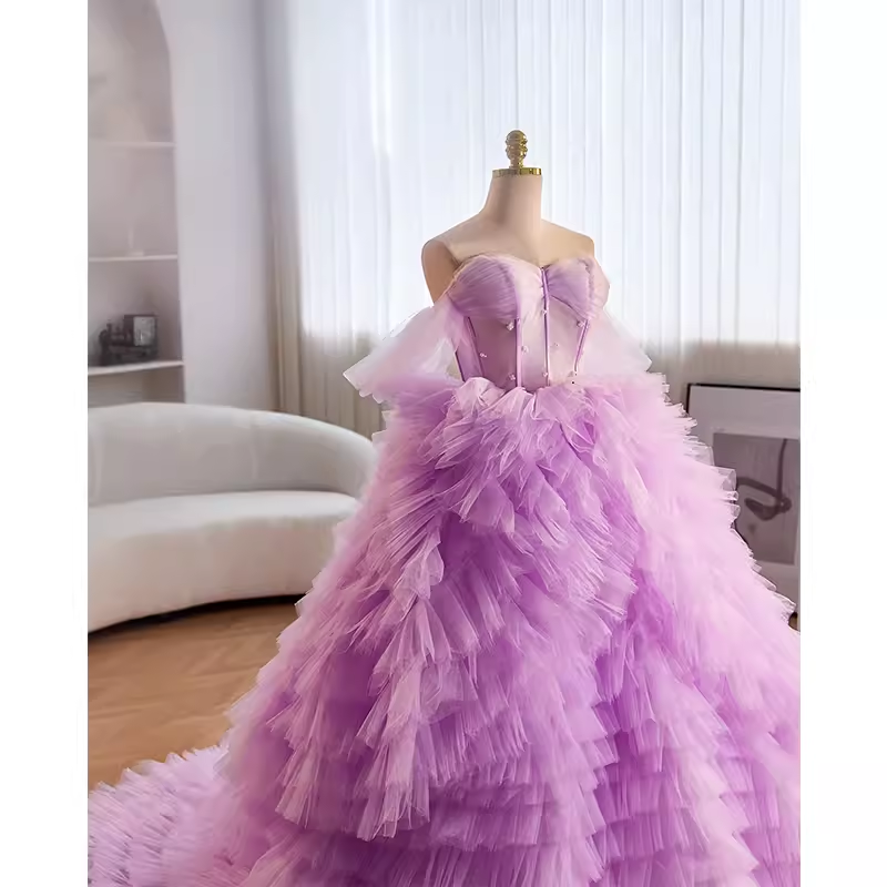 Vintage Ball Gown Strapless Lilac Tulle Ruffles Sweet 16 Dresses