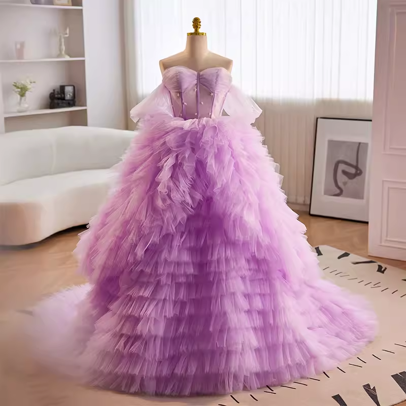 Vintage Ball Gown Strapless Lilac Tulle Ruffles Sweet 16 Dresses