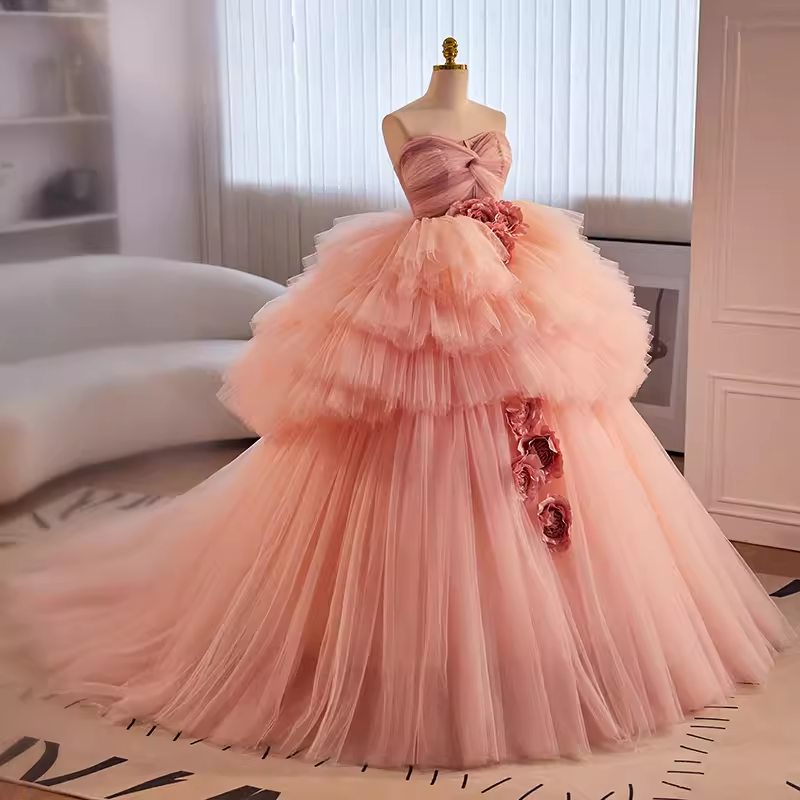 Vintage Ball Gown Strapless Pink Tulle Ruffles Sweet 16 Dresses