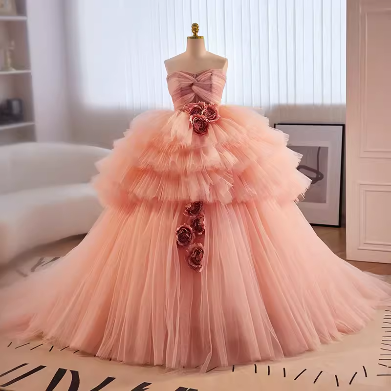 Vintage Ball Gown Strapless Pink Tulle Ruffles Sweet 16 Dresses