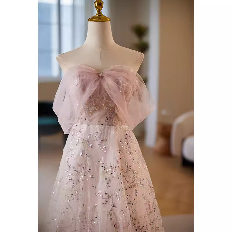Modest A line Strapless Long Tulle Pink Prom Dress