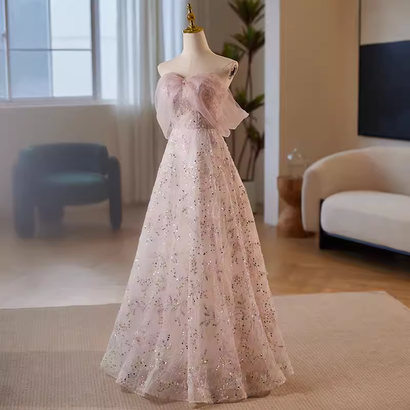 Modest A line Strapless Long Tulle Pink Prom Dress