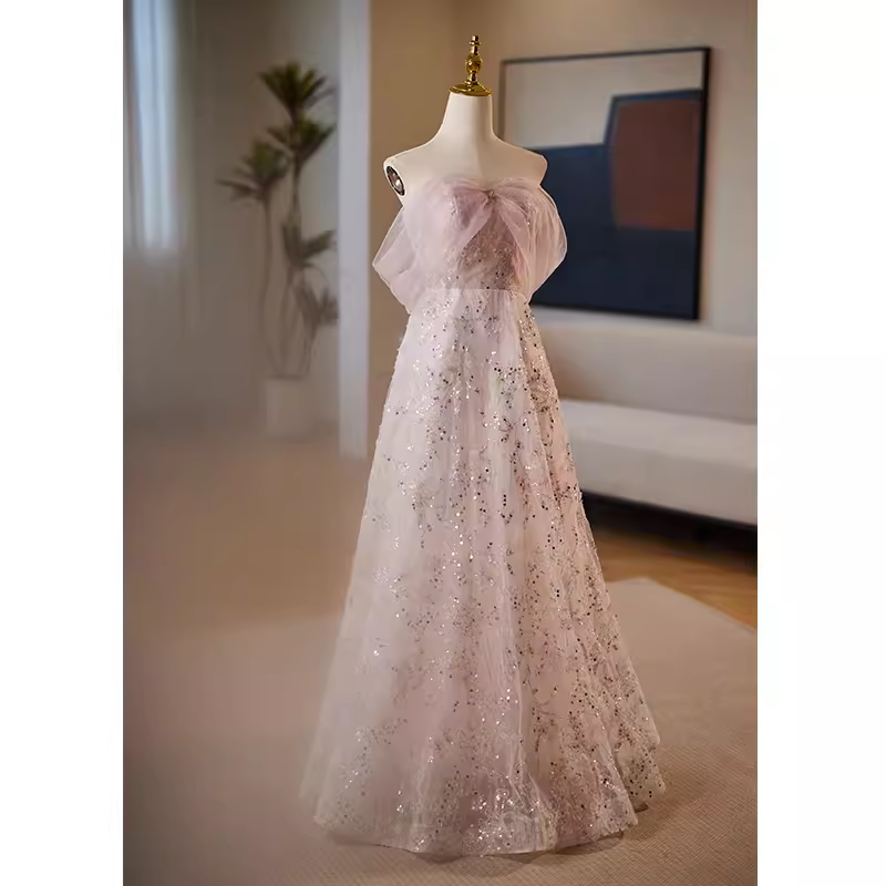 Modest A line Strapless Long Tulle Pink Prom Dress