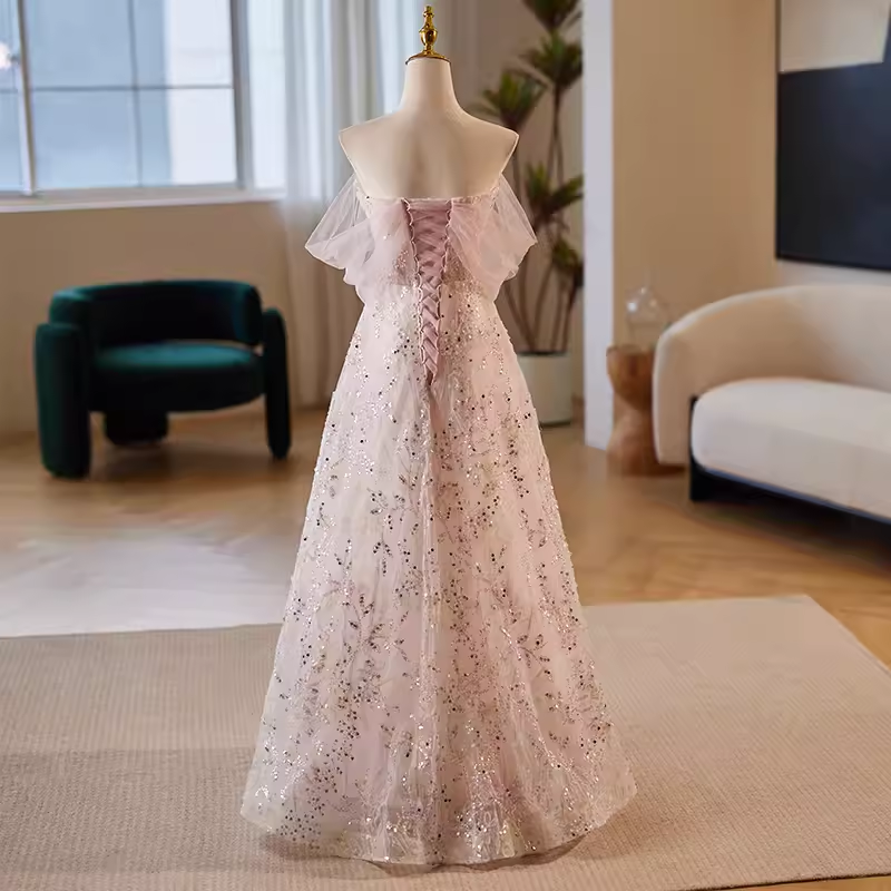 Modest A line Strapless Long Tulle Pink Prom Dress
