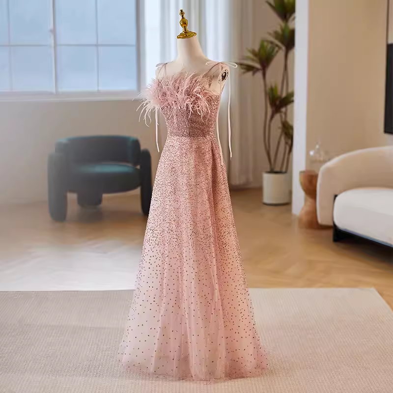 Modest A line Straps Long Sequin Pink Prom Dress