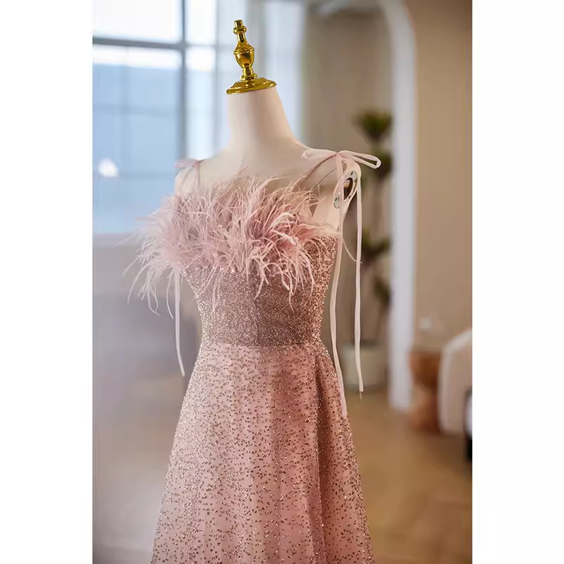 Modest A line Straps Long Sequin Pink Prom Dress