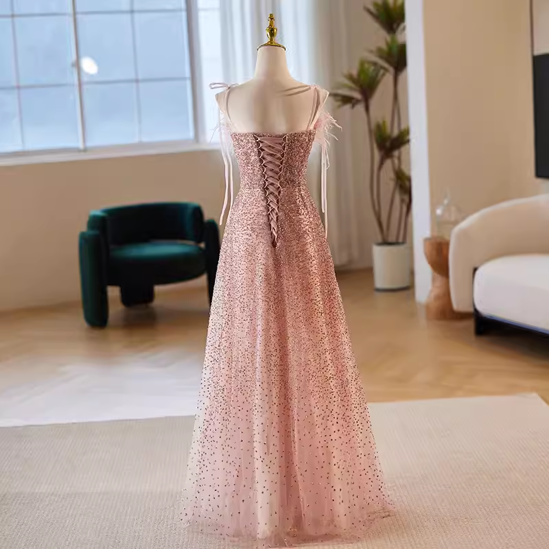 Modest A line Straps Long Sequin Pink Prom Dress