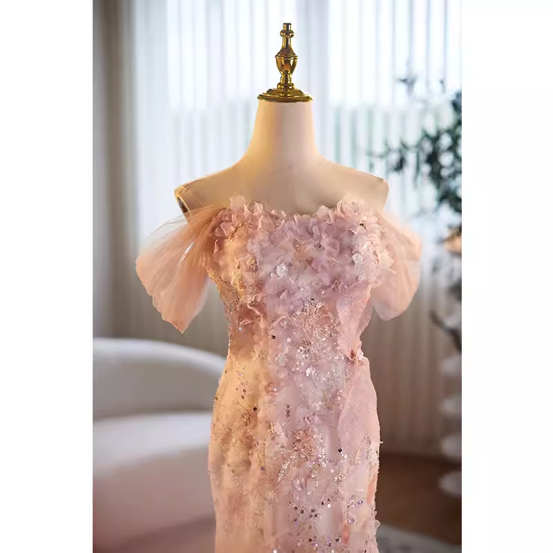 Modest Mermaid Off The Shoulder Long Pink Prom Dress