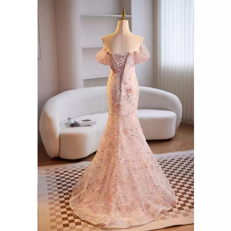 Modest Mermaid Off The Shoulder Long Pink Prom Dress