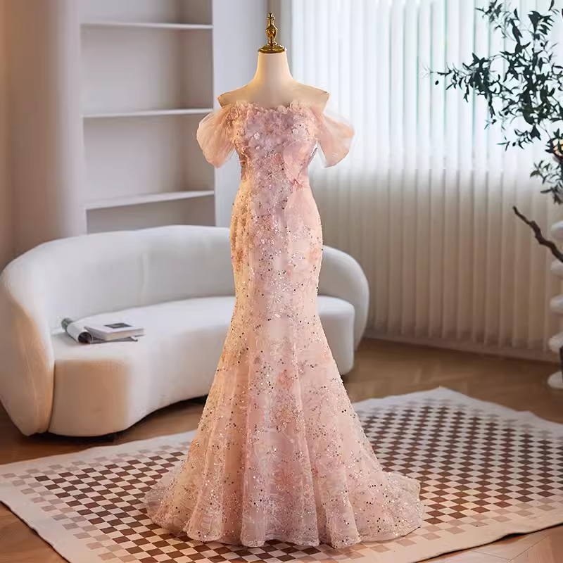 Modest Mermaid Off The Shoulder Long Pink Prom Dress