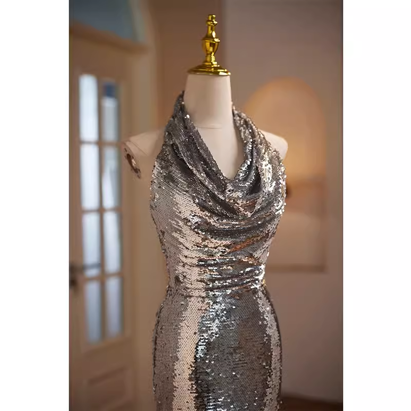 Modest Mermaid Halter Sequin Long Silver Prom Dress