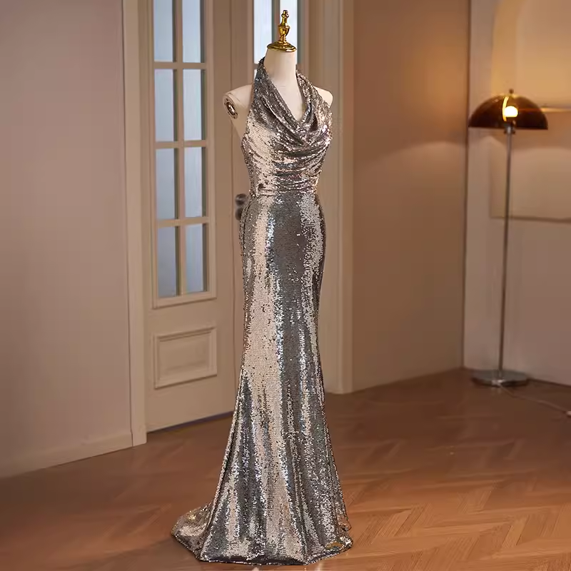 Modest Mermaid Halter Sequin Long Silver Prom Dress