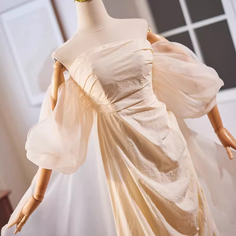 Vintage A line Strapless Long Champagne Prom Dress