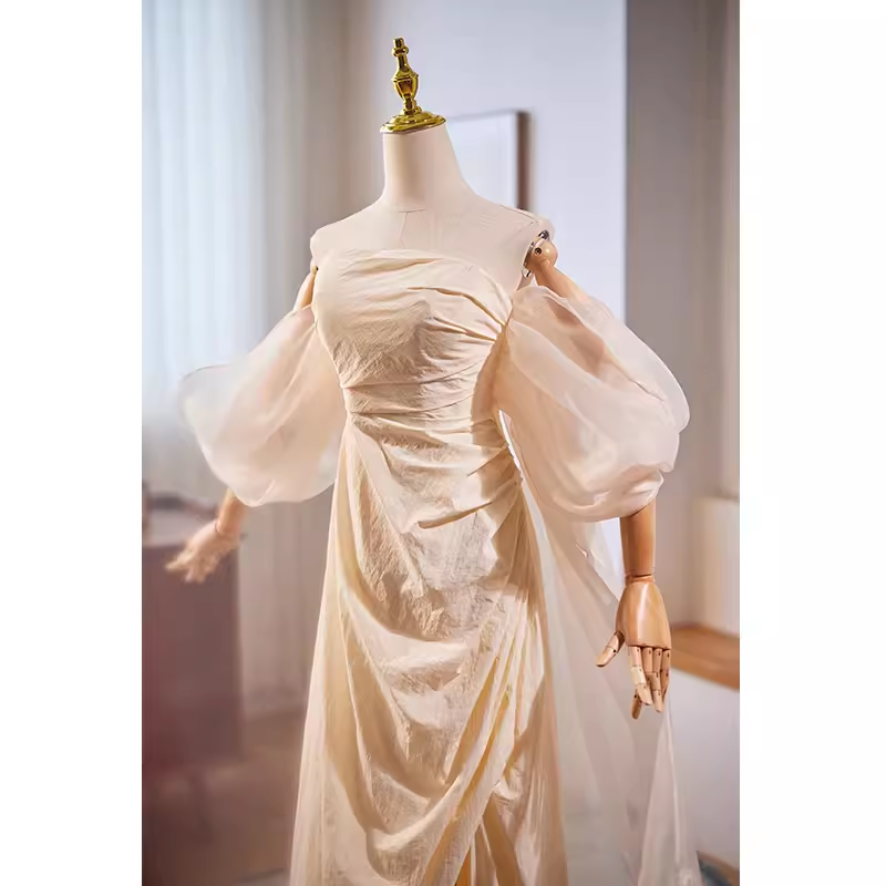 Vintage A line Strapless Long Champagne Prom Dress