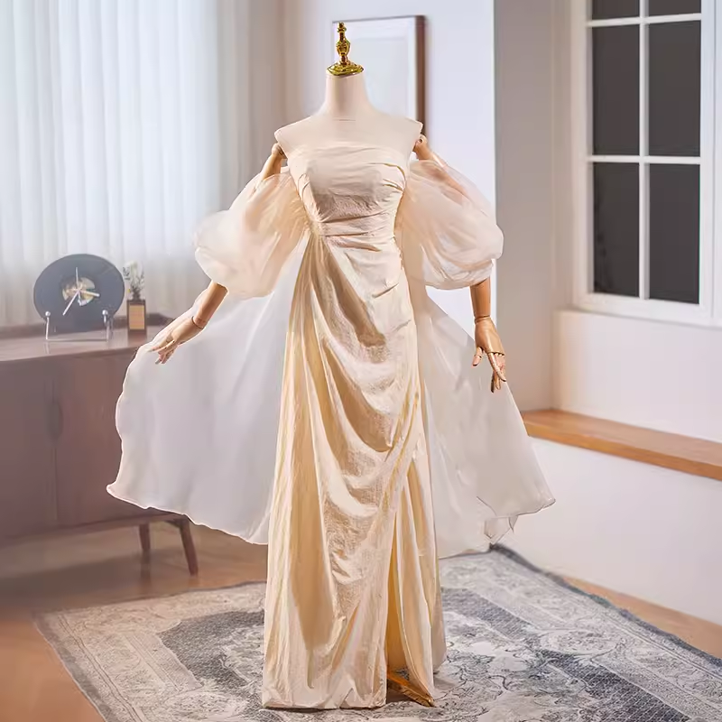Vintage A line Strapless Long Champagne Prom Dress