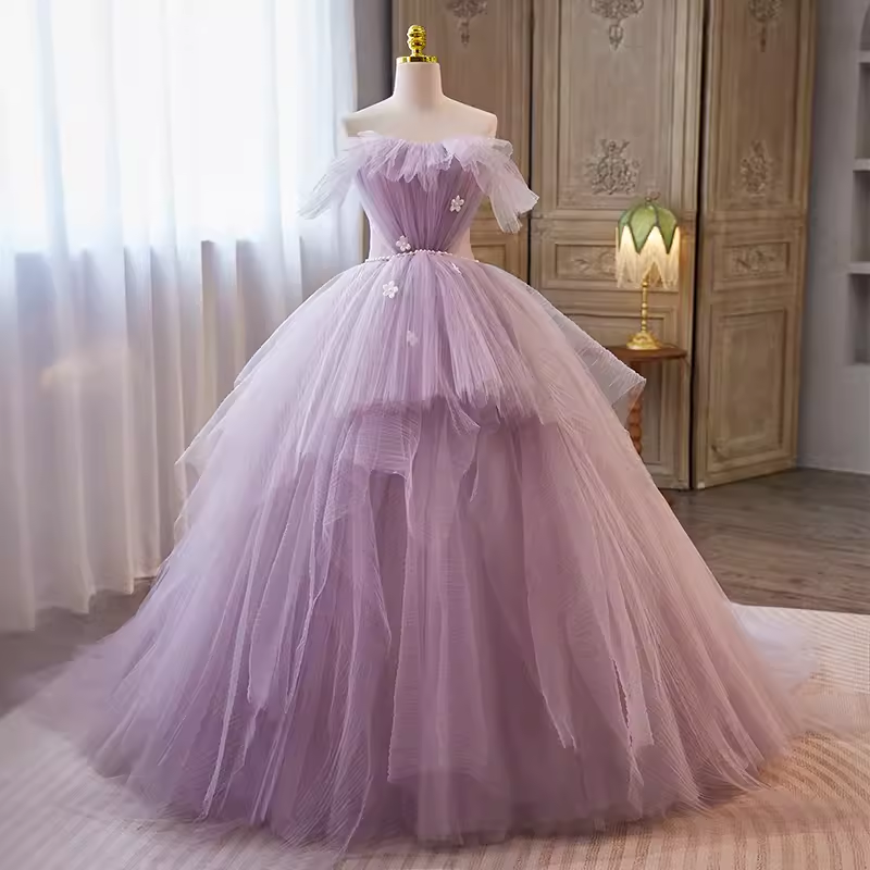 Vintage Ball Gown Strapless Lilac Tulle Ruffles Sweet 16 Dresses