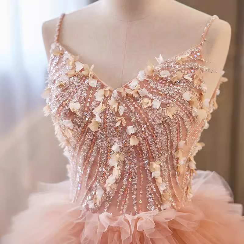 Vintage Ball Gown Straps Pink Tulle Beads Ruffles Sweet 16 Dresses