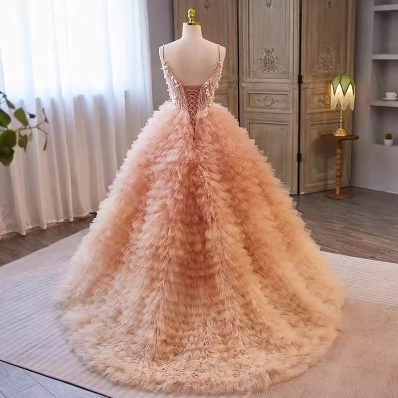 Vintage Ball Gown Straps Pink Tulle Beads Ruffles Sweet 16 Dresses