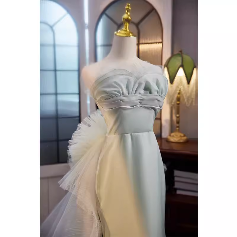 Vintage Mermaid Strapless Long Tulle Light Green Prom Dress
