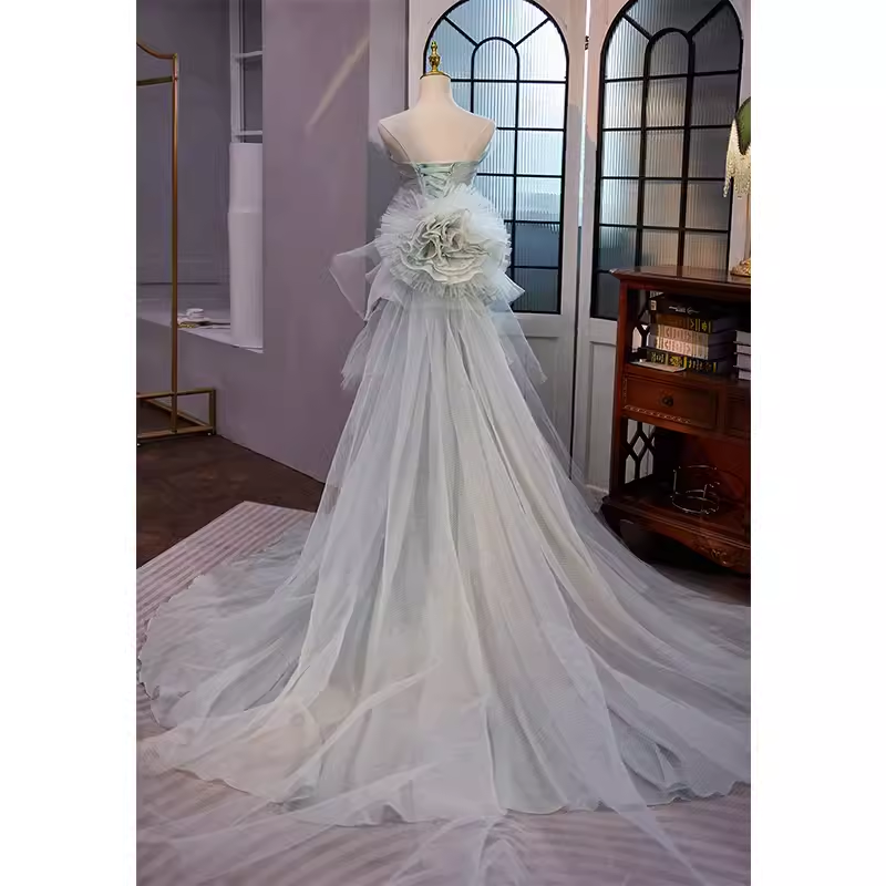 Vintage Mermaid Strapless Long Tulle Light Green Prom Dress