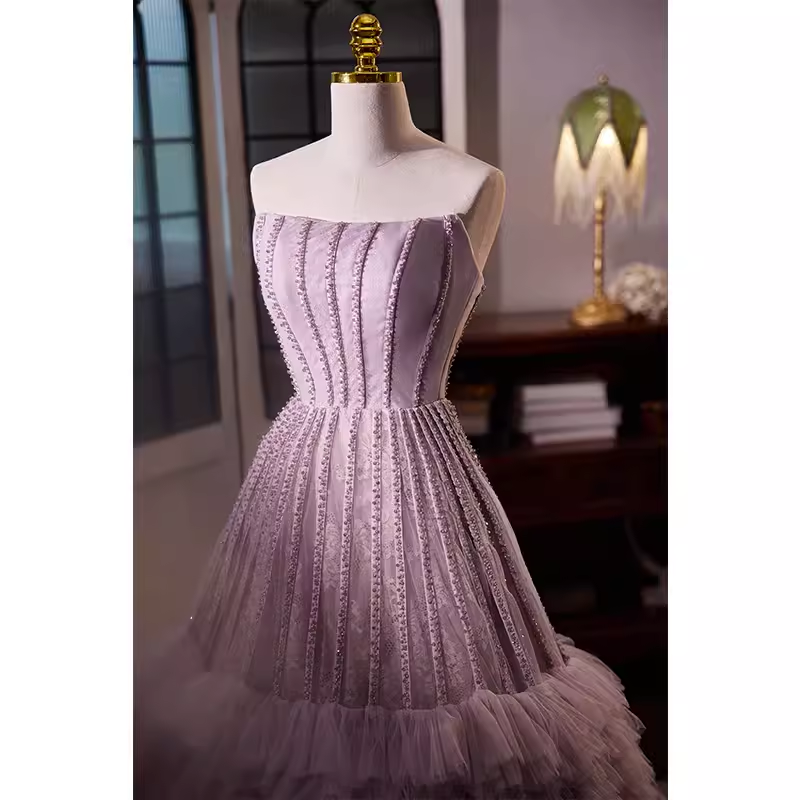 Vintage Ball Gown Strapless Lilac Tulle Beads Ruffles Sweet 16 Dresses