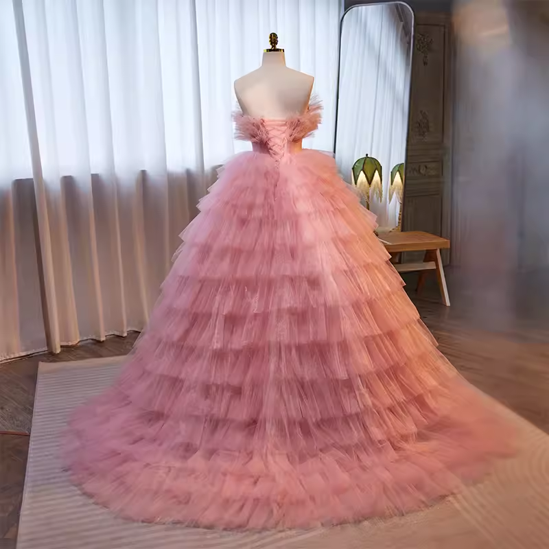 Vintage Ball Gown Strapless Tulle Ruffles Pink Sweet 16 Dresses