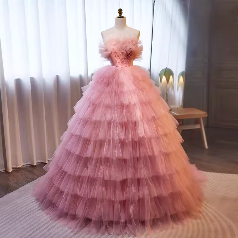 Vintage Ball Gown Strapless Tulle Ruffles Pink Sweet 16 Dresses