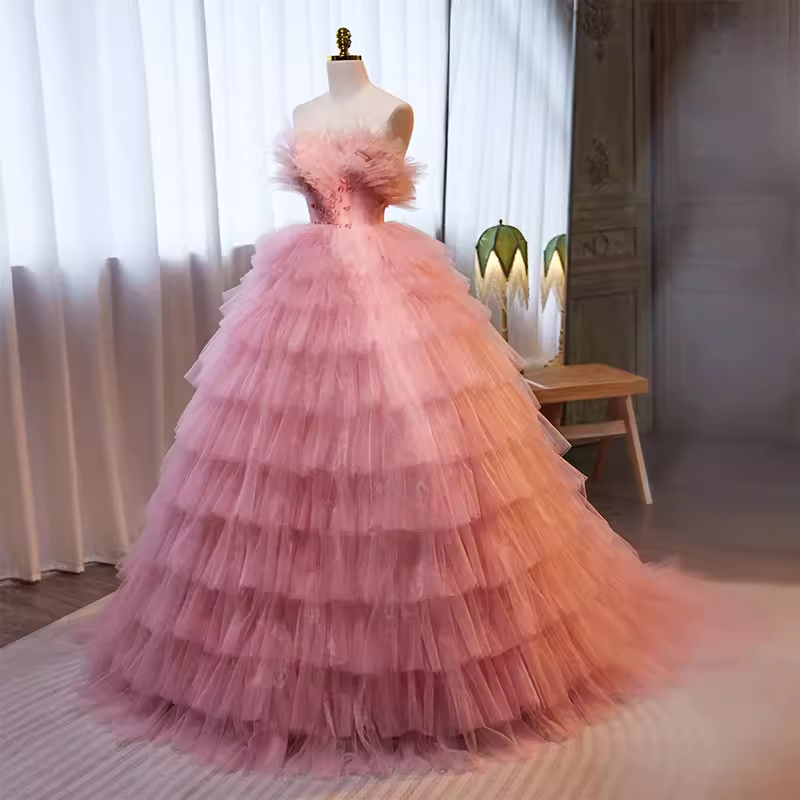 Vintage Ball Gown Strapless Tulle Ruffles Pink Sweet 16 Dresses