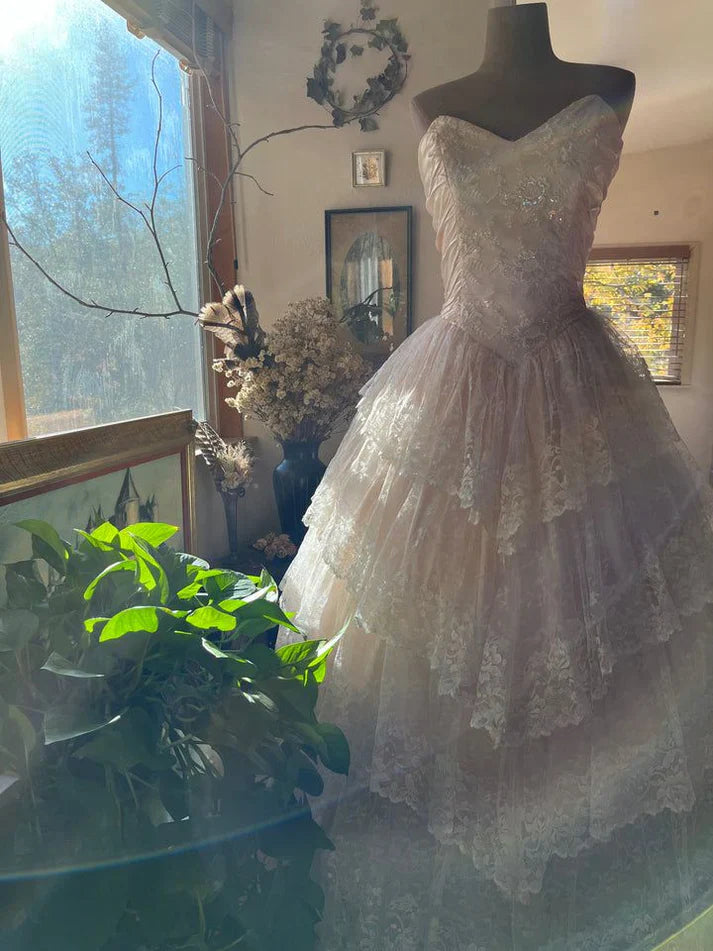 Strapless Lace Layered A Line Prom Dress Elegant Ball Gown