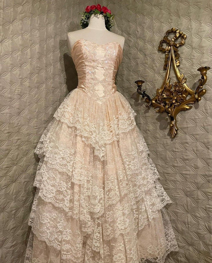 Strapless Lace Layered A Line Prom Dress Elegant Ball Gown