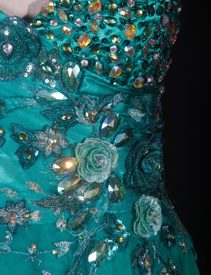 Fashion Strapless Green Satin Beaded Birthday Prom Dress Embroidery Floral Mermaid Long Evening Dress