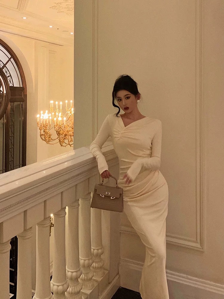 Gorgeous Sheath Long Sleeves Ivory Date Night Dress Long Prom Dresses Birthday Outfits