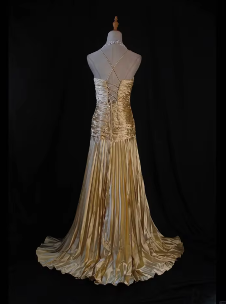 Gorgeous Gold Satin Pleated Party Prom Dress，Formal Evening Gown With Beaded