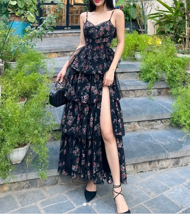 Beautiful Black Chiffon Print Floral Party Dress A Line Slit Layered Evening Dress