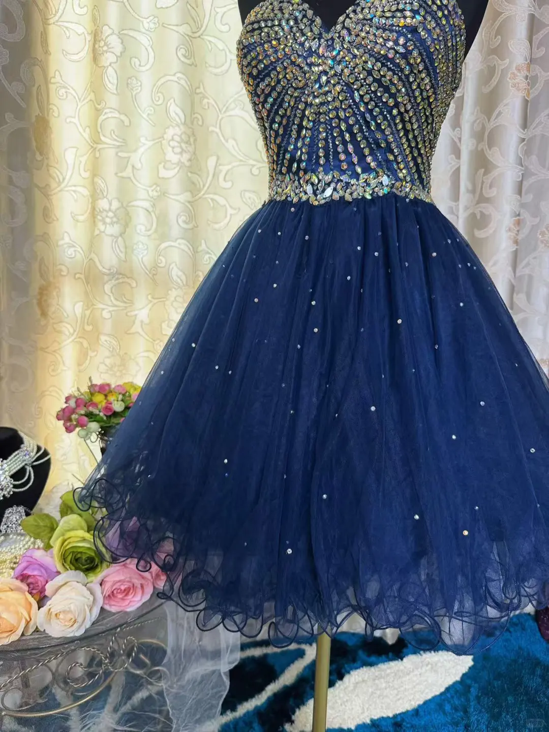 Sparkly Sweetheart Neck Blue Tulle Beaded A Line Short Prom Dress Formal Homecoming Dress