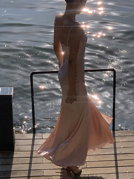 Elegant Straps Pink Satin Mermaid Evening Dress Formal Prom Dress