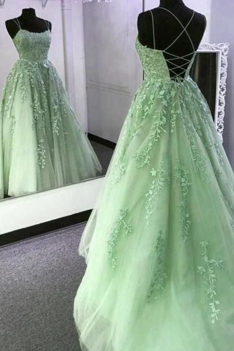 Simple A-Line Spaghetti Straps Lace Green Backless Long Prom Dress