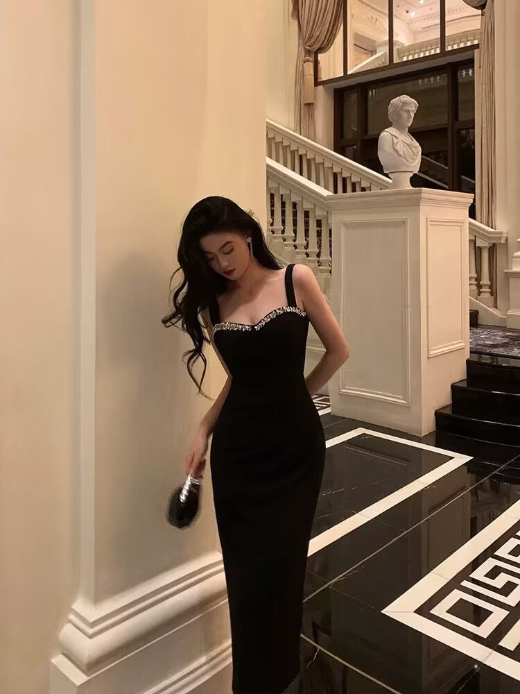 Chic Sheath Straps Black Satin Prom Dresses With Beads Birthday Dress